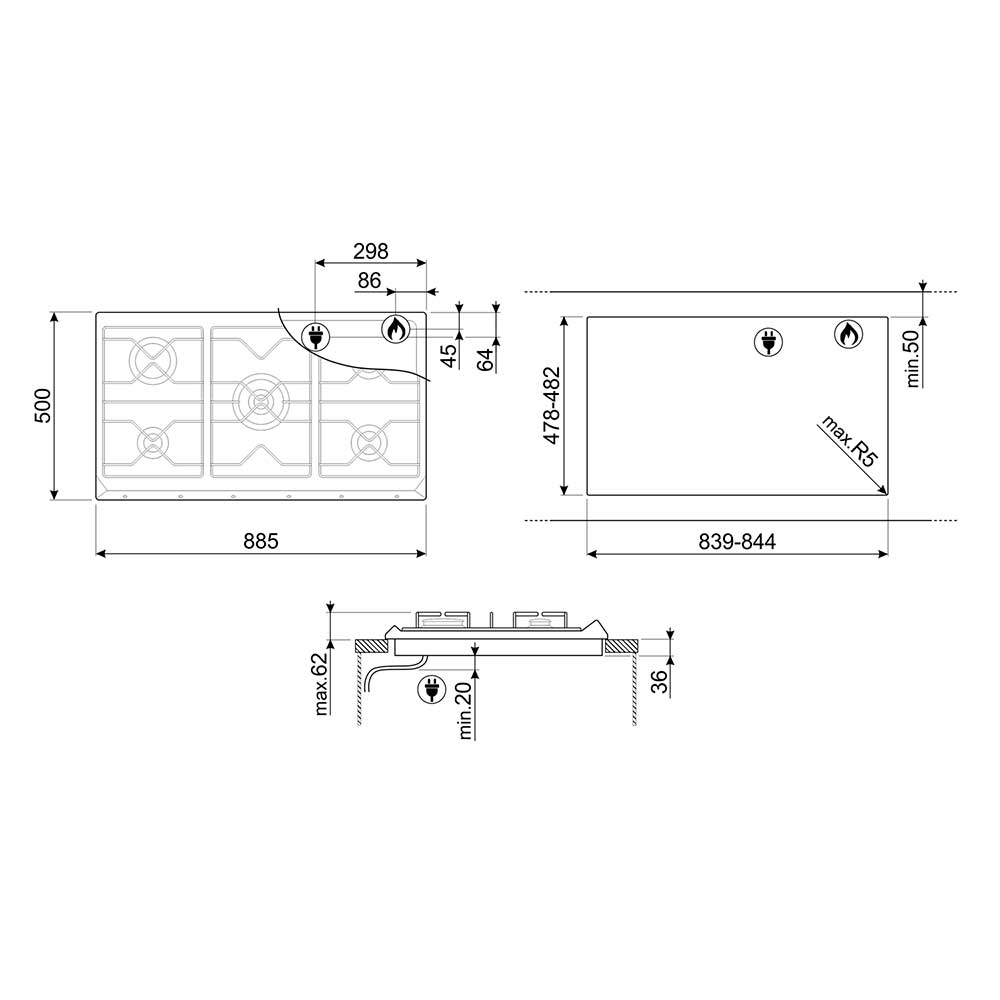 Piano-cottura-Smeg-SRV596-5-90cm-5-fuochi-a-gas-in-acciaio-Inox-disegno-tecnico